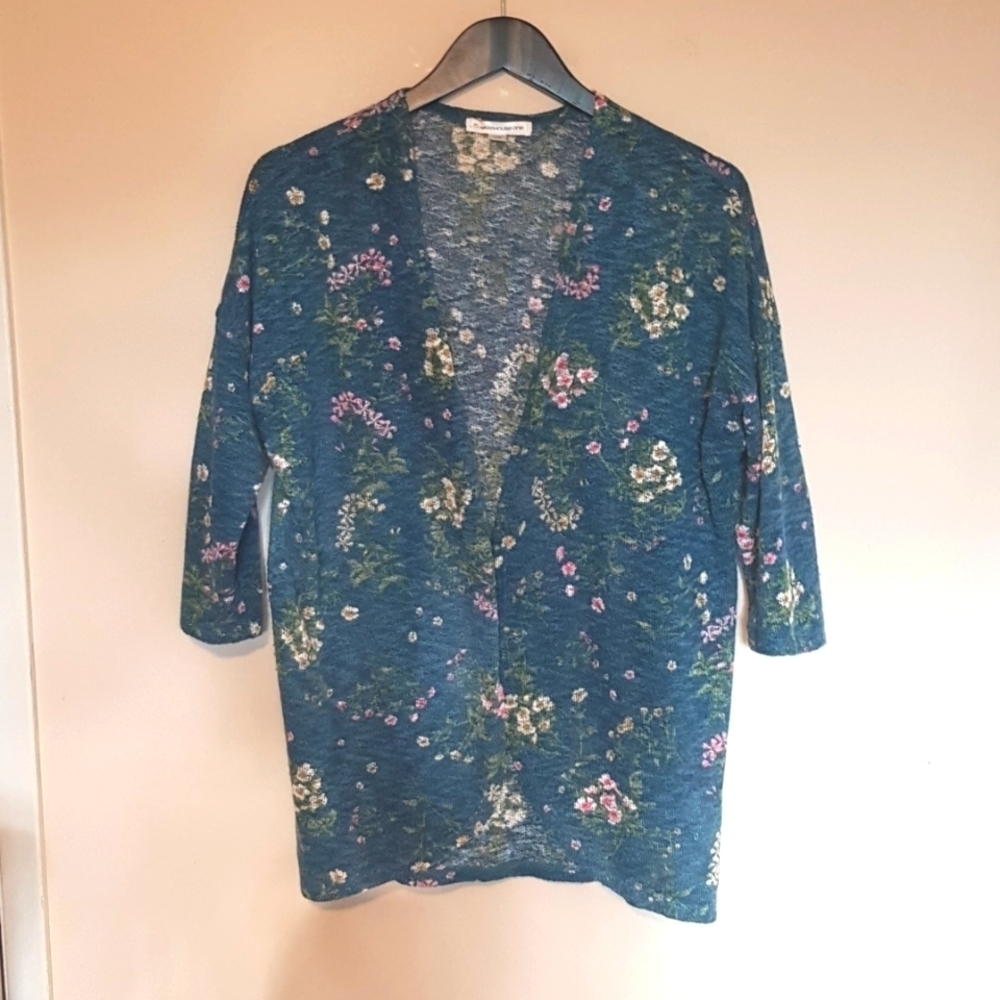 Warehouse One teal green floral print light knit  cardigan